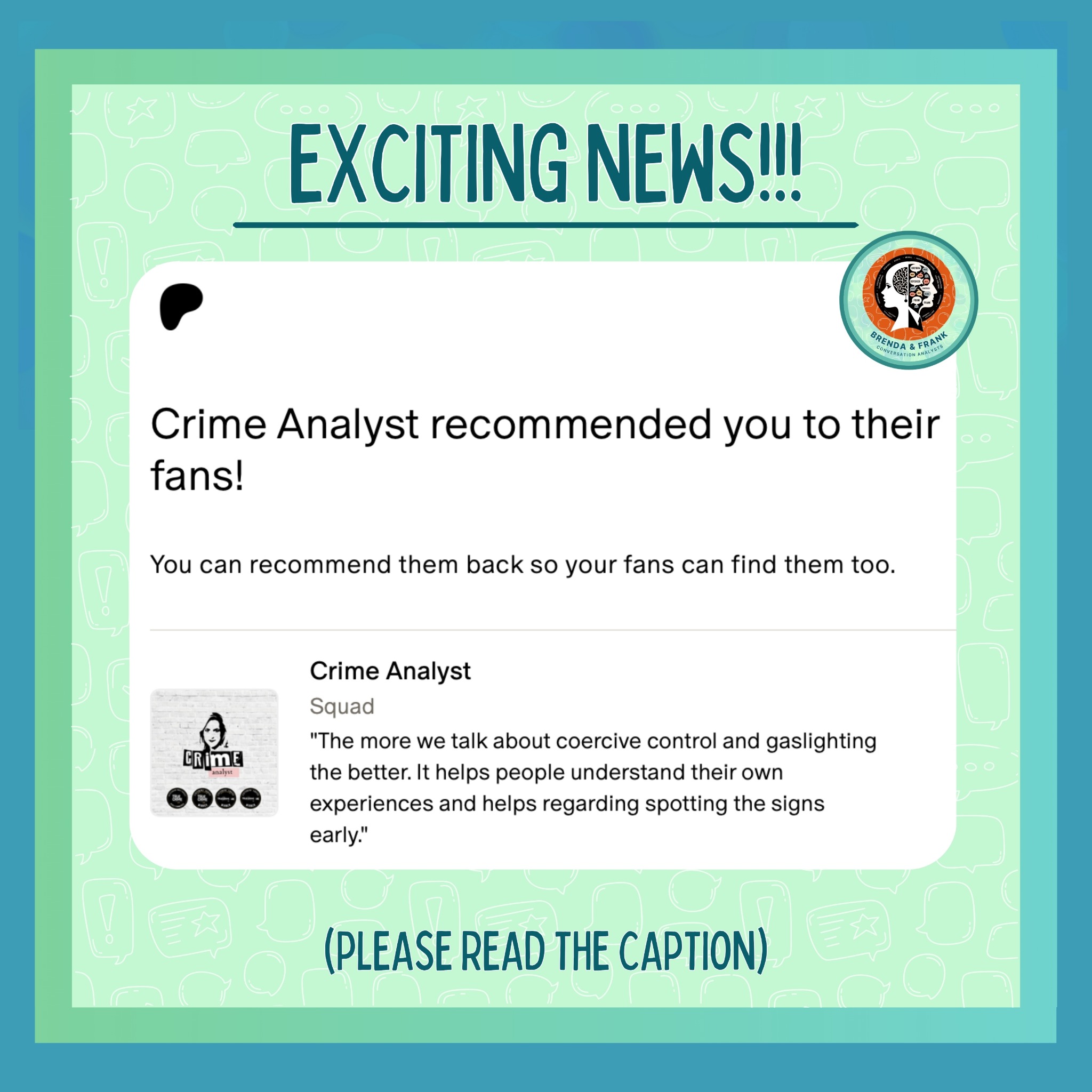 Patreon notification stating that Crime Analyst recommended Brenda and Frank to its fans