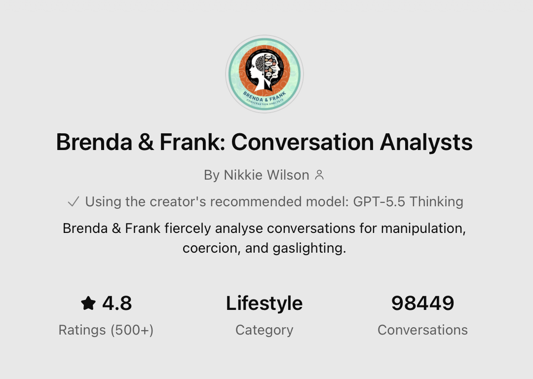 Original Brenda and Frank GPT listing showing a 4.8 rating from more than 500 ratings and 98,449 conversations