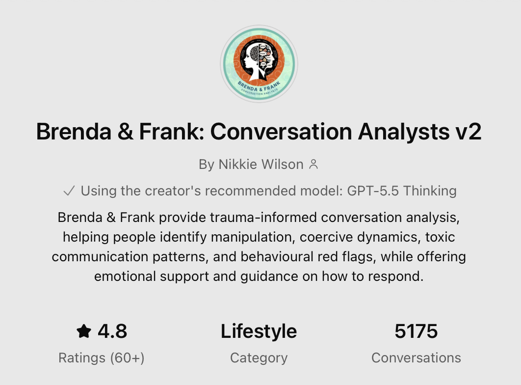 Brenda and Frank v2 GPT listing showing a 4.8 rating from more than 60 ratings and 5,175 conversations